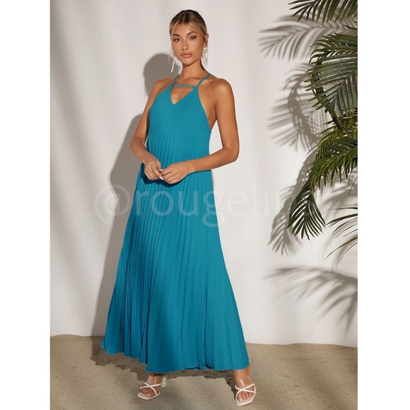 Blue Pleated A-Line Maxi Dress Criss Cross Back Straps - Picture 4 of 8